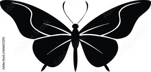 Black Silhouette of a Butterfly with Open Wings on White Background insect