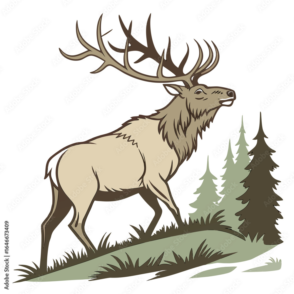 Obraz premium Elk walking through a forest with pine trees isolated on white background