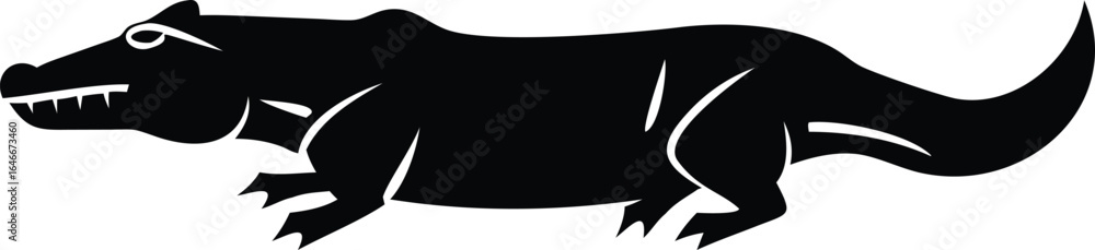 Fototapeta premium Black Silhouette Of A Cartoon Crocodile On White Background alligator reptile