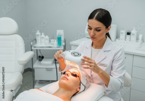 Skilled Dermatologist Performing Led Light Therapy Treatment on Woman with Protective Goggles in Modern Clinic