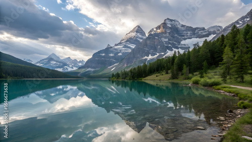 Wallpaper Mural Turquoise alpine lake reflects snow capped mountains and cloudy sky full hd 4k stock image download reflection Torontodigital.ca