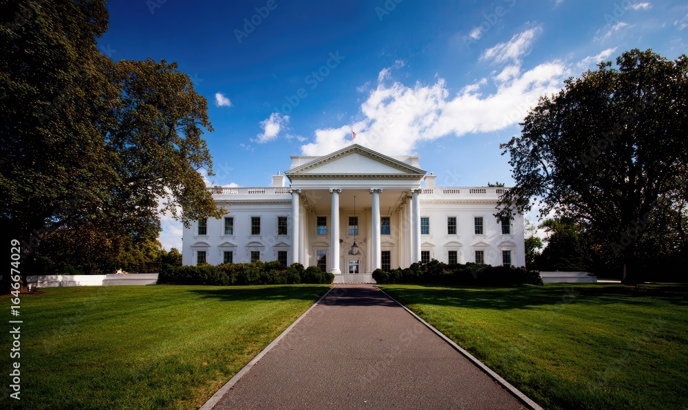 Fototapeta premium Wide shot of the White House, a grand, white, neoclassical building, situated in a well-maintained, grassy lawn