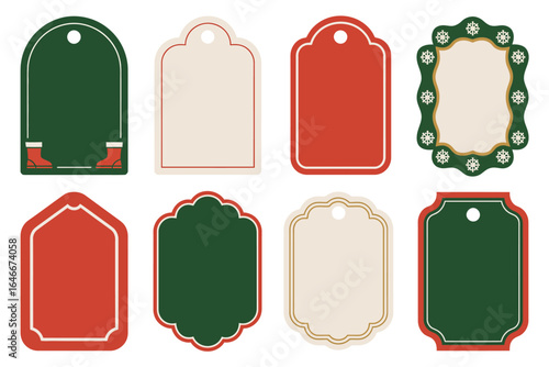 Classic holiday label pack, to from tags with bows, merry and bright badge, ho ho text sticker, traditional red green palette, vector design icons