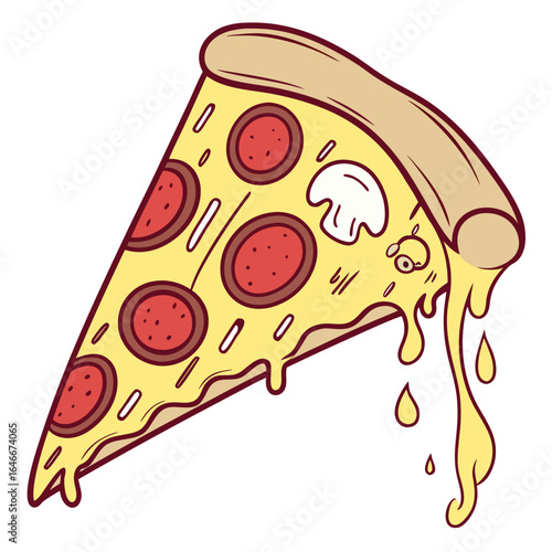 Slice of pepperoni pizza with mushroom, isolated on white background
