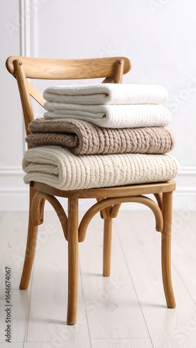 Stacked knit blankets on wooden chair