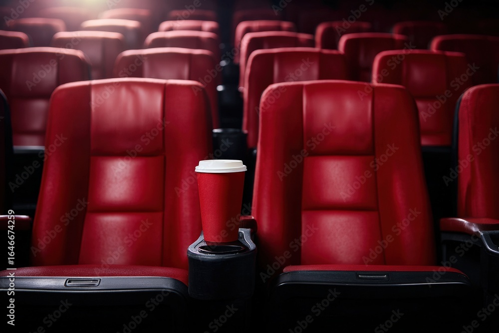 Fototapeta premium Red disposable coffee cup placed on comfortable red leather seat in empty cinema auditorium, ready for a movie night