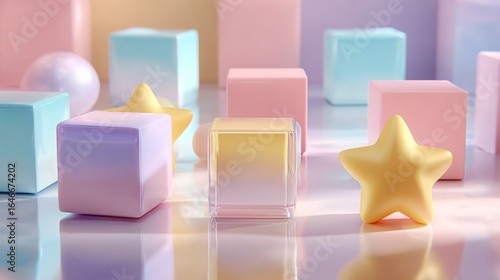 Colorful geometric shapes arranged artistically create a playful and vibrant atmosphere in a soft pastel palette