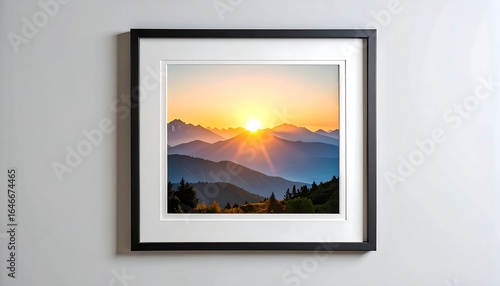 Square framed photograph of a sunrise over layered mountains