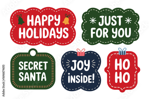 Scalloped holiday labels, happy holidays badge, just for you tag, secret santa and joy inside stickers, cozy christmas set, vector template