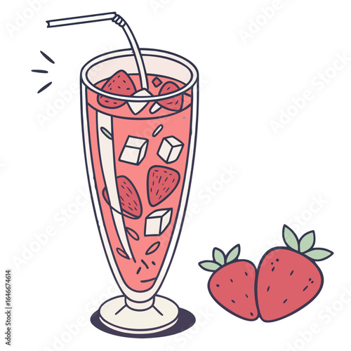 Strawberry drink with ice cubes and fresh berries isolated on white background