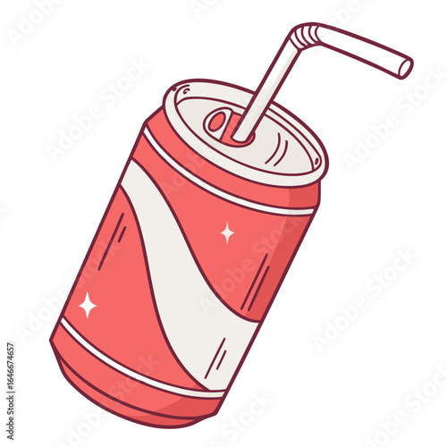Red soda can with a straw, isolated on white background