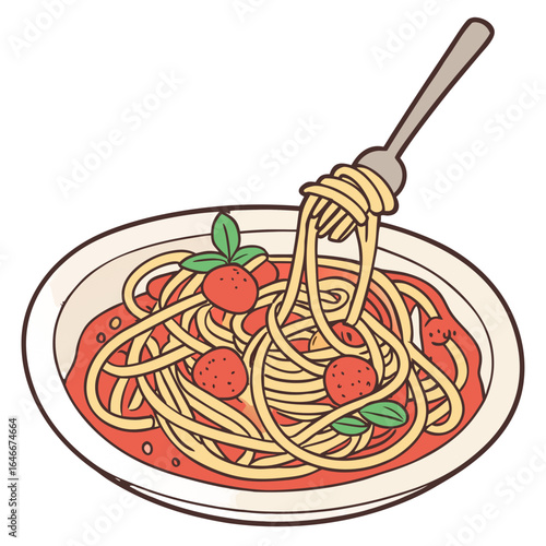 Spaghetti with tomato sauce and meatballs on a plate, isolated on white background