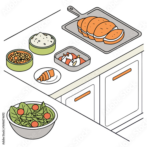 A delicious and healthy meal is prepared with sliced roasted chicken a fresh green salad creamy mashed potatoes chickpeas and a croissant