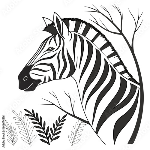 Minimalist illustration of a zebra head in profile with branches and foliage