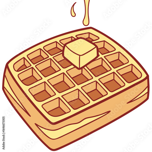 Delicious waffle with butter and syrup, isolated on white background
