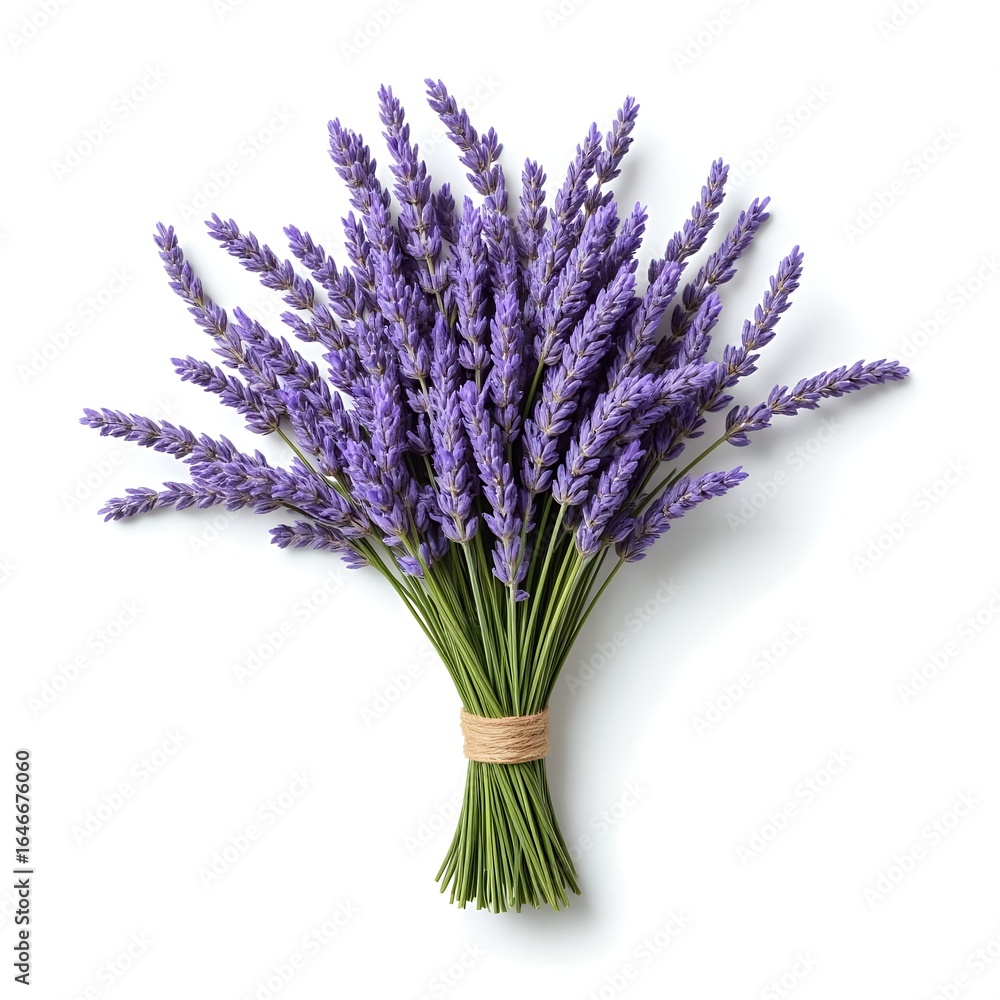 Fototapeta premium Fresh Lavender Bouquet with Green Stems Isolated on White for Aromatic and Rustic Home Decor