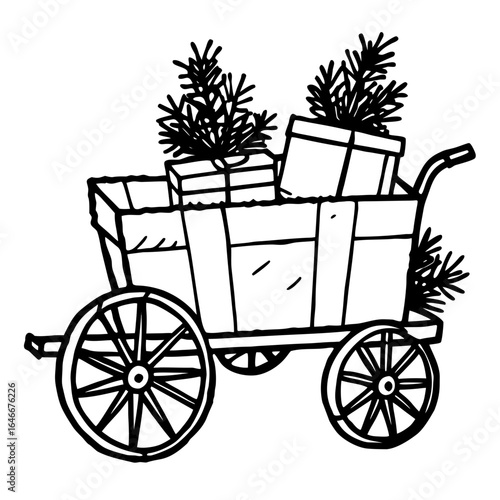 Vector art of black and white illustration of a wooden wagon filled with christmas gifts and pine branches