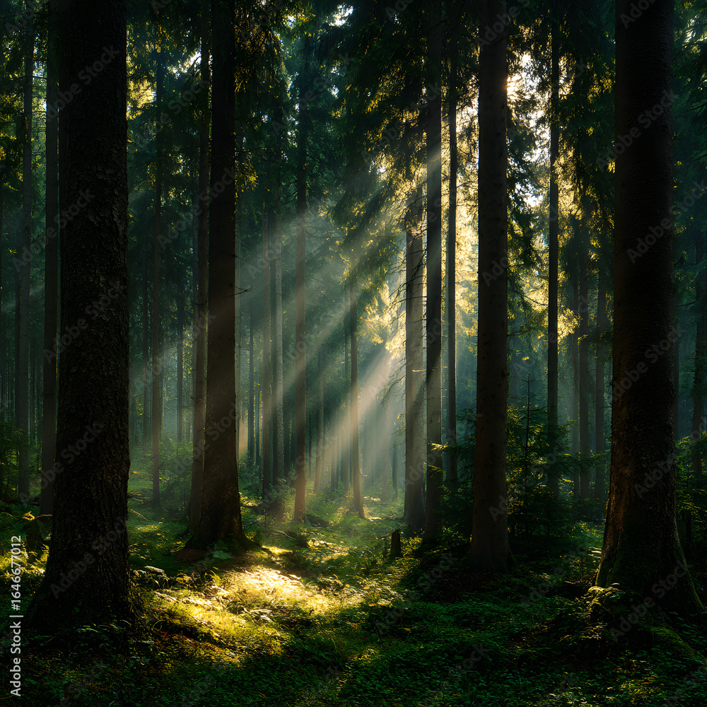 Obraz premium Lush Green Forest with Tall Trees and Sunlight Streaming Through the Canopy