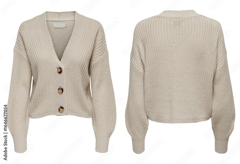 Fototapeta premium Cardigan Featuring a V-Neck Design with Button Closure and Long Sleeves in a Light Beige Color featuring knitwear, casual wear, cozy