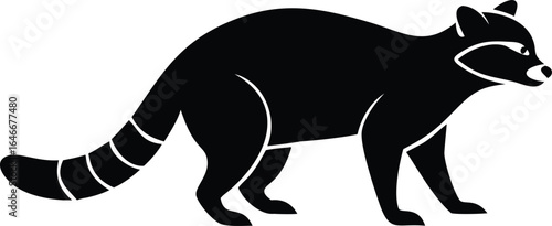 Black silhouette of a raccoon with a striped tail on a white background animal wildlife