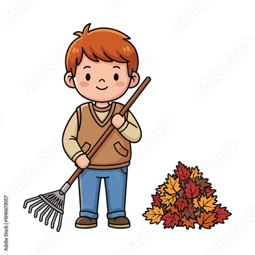 Autumn cleanup illustration: Cartoon boy raking leaves for seasonal kids designs and fall activities