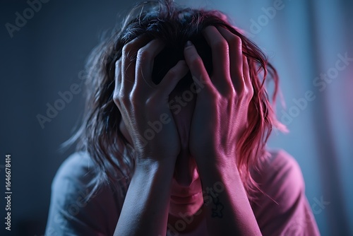 Wallpaper Mural A stressed woman clutches her head in frustration, surrounded by soft lighting, embodying anxiety and pressure in a quiet, emotional moment. Torontodigital.ca