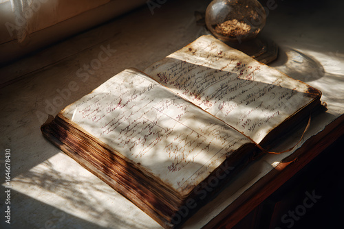 Fotografía Discover history's secrets within this antique open ledger filled with faded handwritten script and illuminated by soft, dramatic sunlight