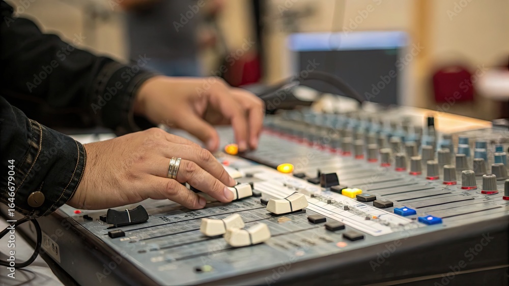 Fototapeta premium Hands adjusting audio mixer controls in a studio setting