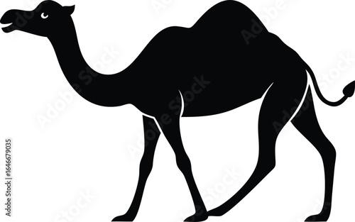 Black silhouette of a walking camel with one hump dromedary desert animal