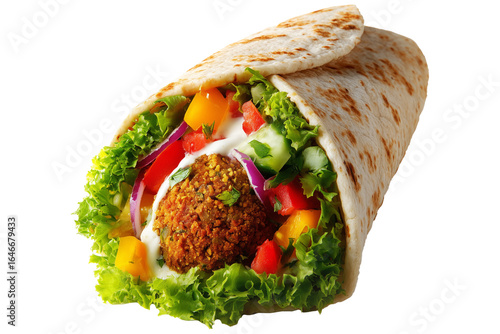 Tasty falafel wraps in pita filled with lettuce, tomato, cucumber, onion, and tahini drizzle sauce isolated on white background, concept of healthy vegetarian lunch