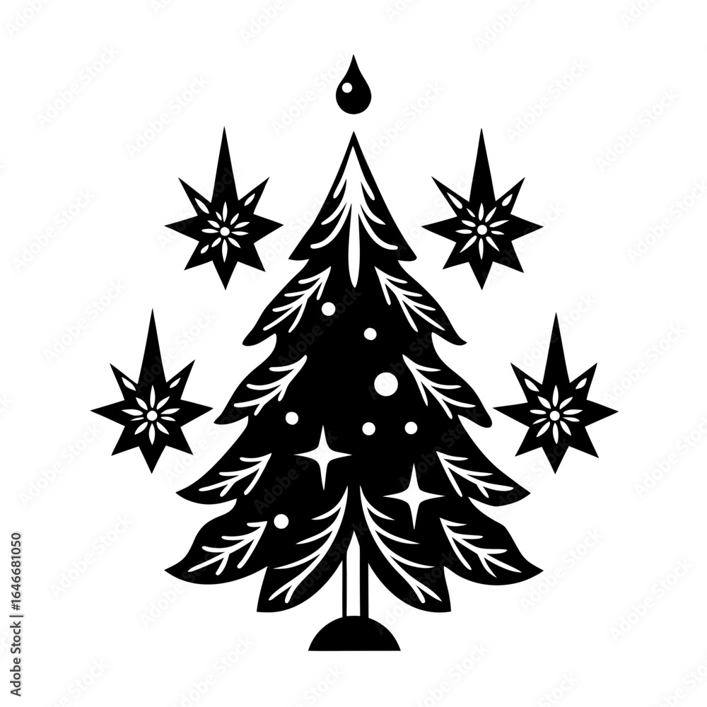 Obraz premium Vector art of stylized black and white christmas tree with stars, isolated on white background