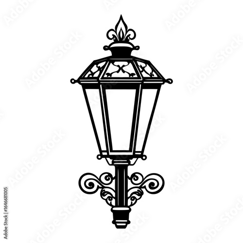 Vector art of ornate vintage street lamp with decorative ironwork, isolated on white background