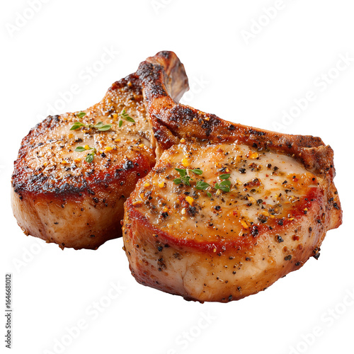 two cooked Bone in Pork chops , transparent background , side view
