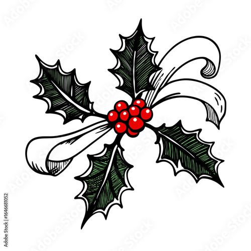 Vector art of christmas holly sprig with red berries and green leaves, decorated with a ribbon, isolated on white background