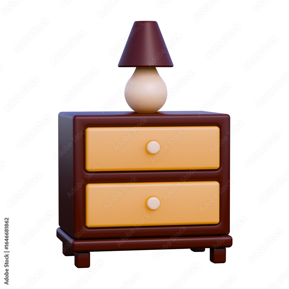 3D Cartoon Bedside Table with a Charming Desk Lamp on a Spotless White Background, Ideal for Kids' Room Decor and Storybook Illustrations