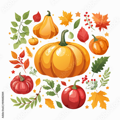 A collection of festive vector illustrations for holidays, including Christmas decorations, Halloween elements, and New Year symbols, in a cheerful and colorful style.