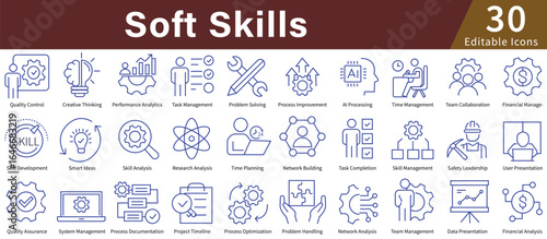 Soft Skills Icon Set in Line Style with Editable Stroke for Leadership, Communication, Teamwork, and Professional Development. vector icons