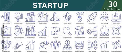 Startup Icon Set in Line Style with Editable Stroke for Business Launch, Entrepreneur, Innovation, and New Venture. vector icons
