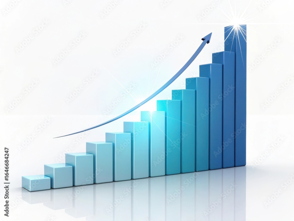 Blue bar graph showing upward trend and growth arrow Blue bar graph showing upward trend and growth arrow