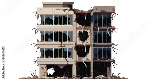 Pixel Art Illustration of a Destroyed Modern Building with Broken Windows and Visible Damage