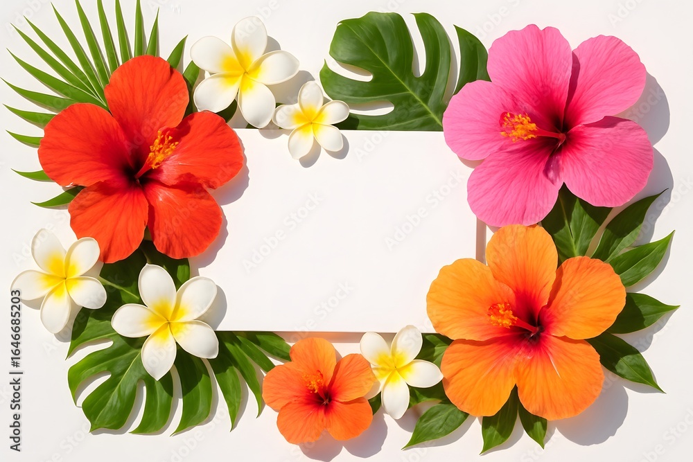 Naklejka premium Colorful Tropical Flowers Arrangement with Green Leaves and White Blank Card for Greeting or Invitation