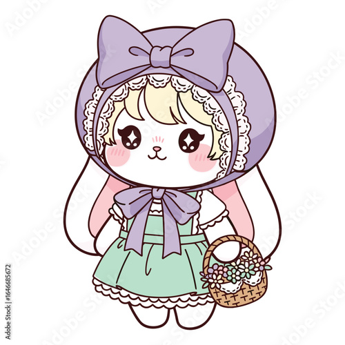 Kawaii Easter Bunny Character Illustration with Flowers Adorable Mascot for Holiday Designs