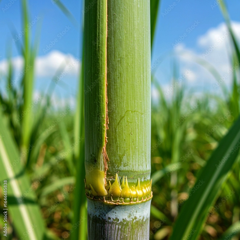 Obraz premium green bamboo forest, Close-up of green sugarcane stalk with fresh foliage in tropical field. Plant known for producing sweet, natural sugar, juice. Thick, segmented structure with bark-like layers ide