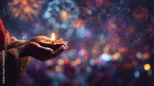 Diwali in Leicester, banner format with a close-up of hands holding a diya, soft bokeh of fireworks behind
