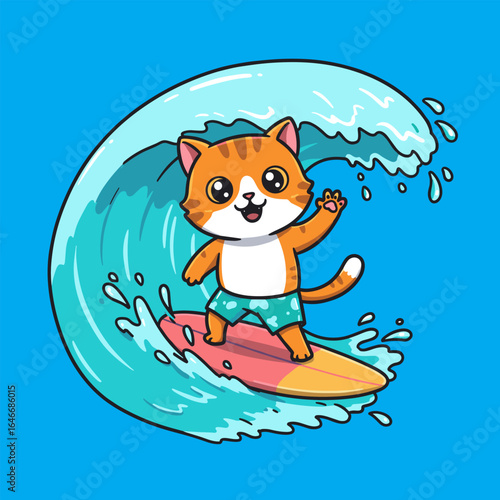 Cute cartoon orange-and-white cat surfing a colorful board, wearing green patterned swim trunks and waving joyfully on a big blue wave.