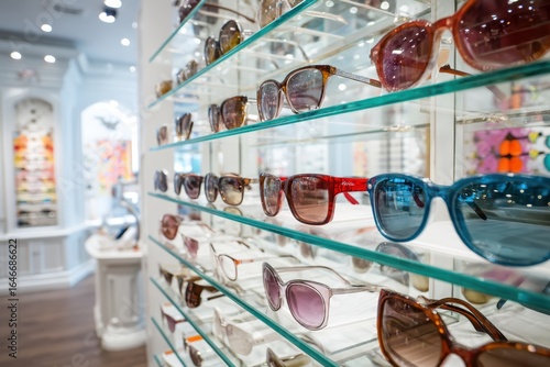 A stylish display of various sunglasses on glass shelves inside a bright, modern eyewear store