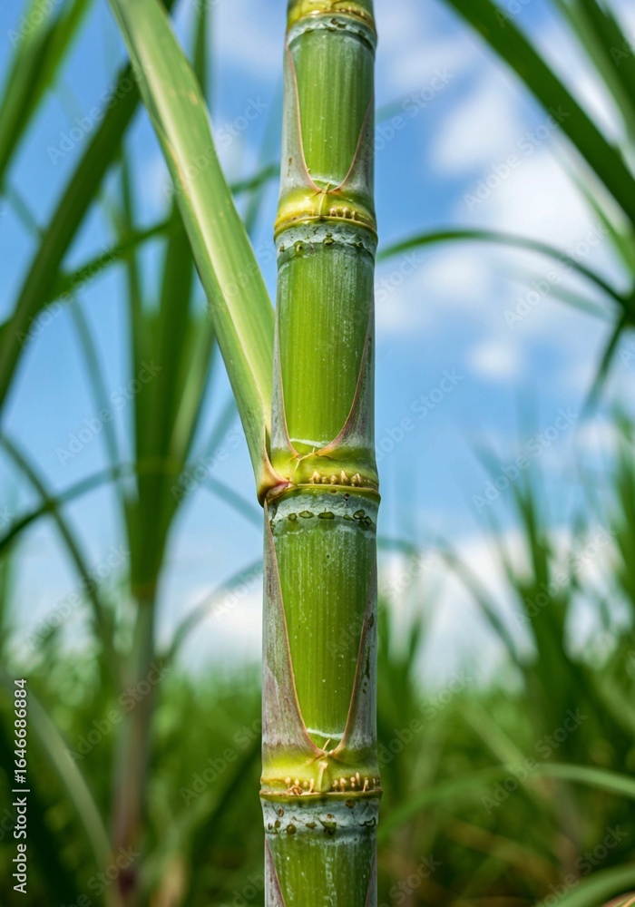 Fototapeta premium green bamboo in the morning, Close-up of green sugarcane stalk with fresh foliage in tropical field. Plant known for producing sweet, natural sugar, juice. Thick, segmented structure with bark-like la