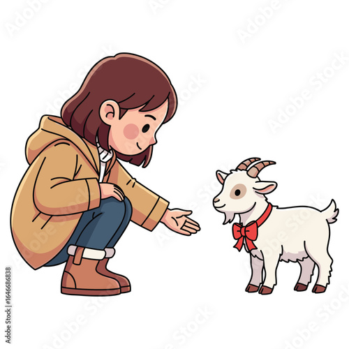 Adorable Cartoon Girl Interacting with a Charming Goat Character Vector Illustration Design