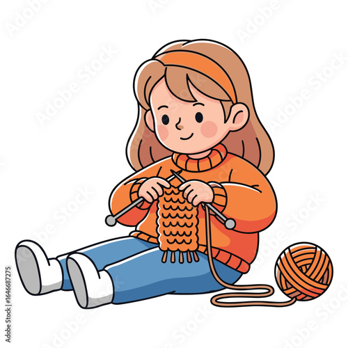 Cartoon girl knitting a cozy orange scarf with yarn ball hobby craft project vector illustration