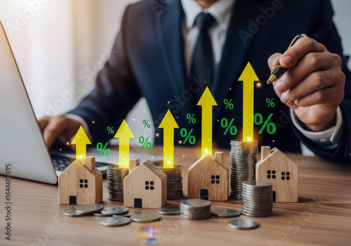 Real estate investment growth with coins, houses, and upward trending arrows with percentages